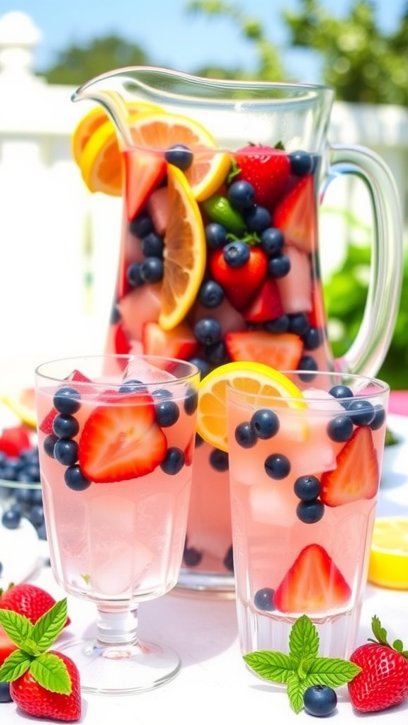 A pitcher of berry vodka sangria with strawberries, blueberries, and citrus on a sunny table.